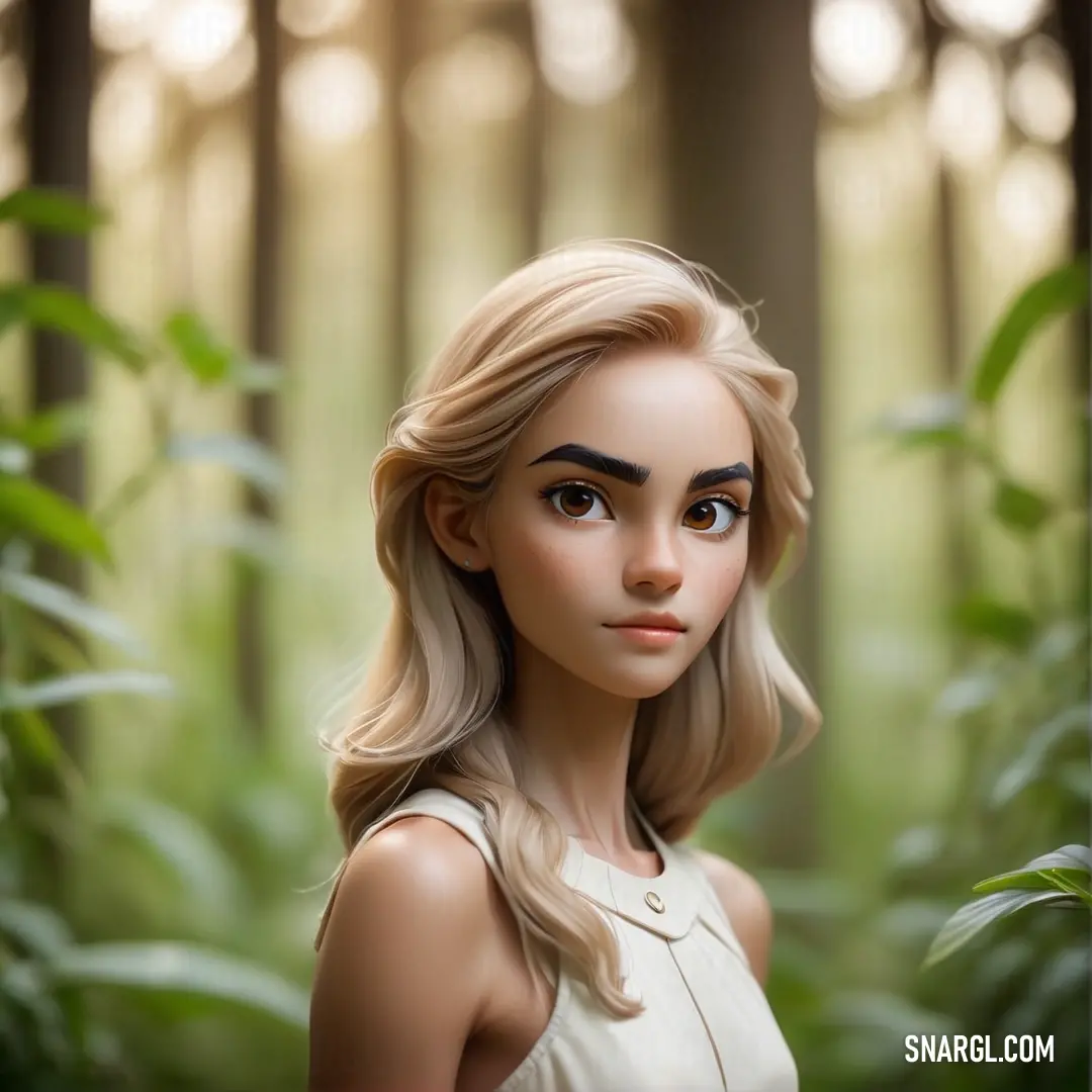 NCS S 1502-G color example: Woman with blonde hair standing in a forest with a green background