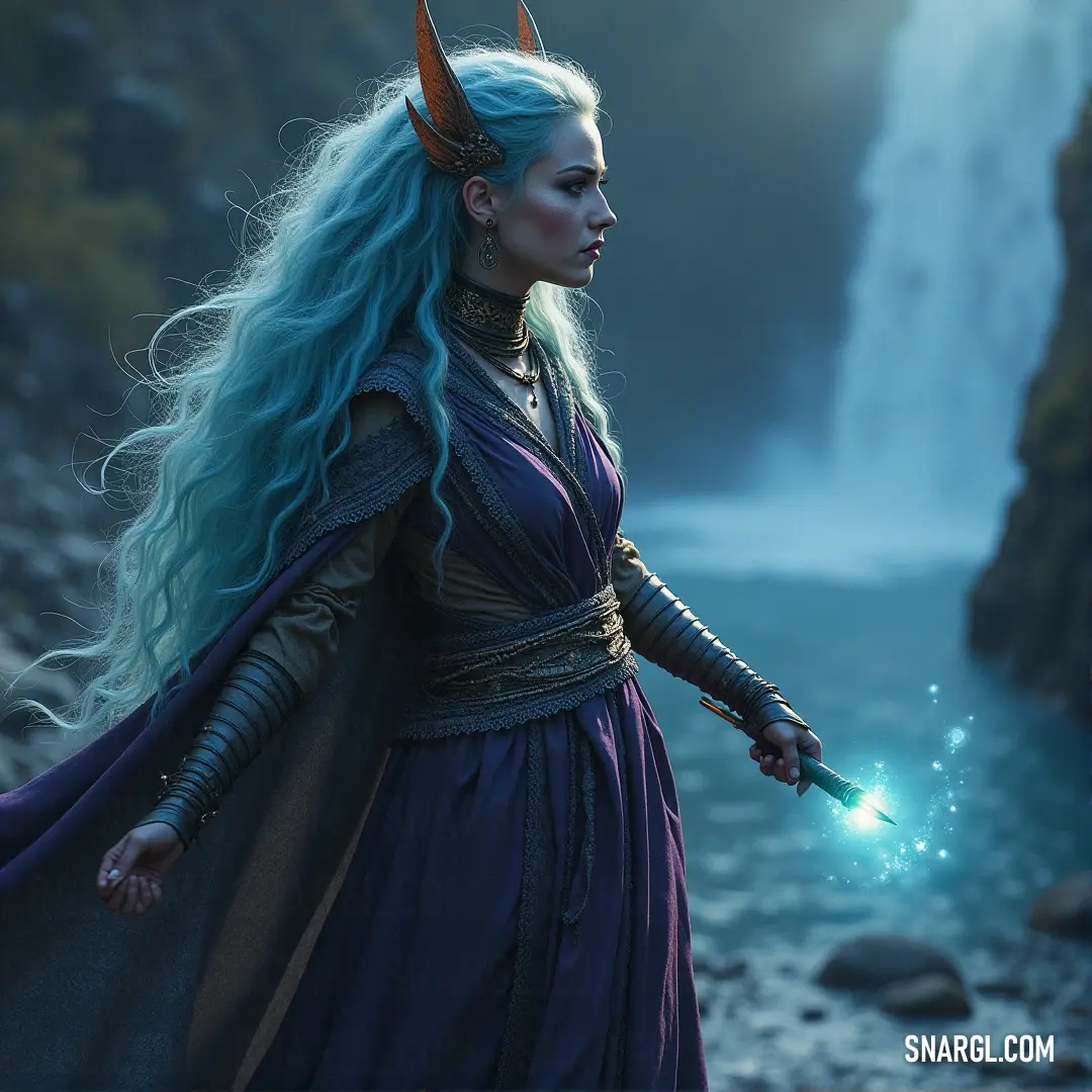 A captivating woman with striking blue hair and elegant horns holds a magical wand near a glistening waterfall, embodying the essence of enchantment and connection with the natural world.