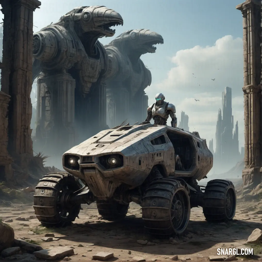 Futuristic vehicle with a man on top of it in a desert area with a giant monster like structure in the background