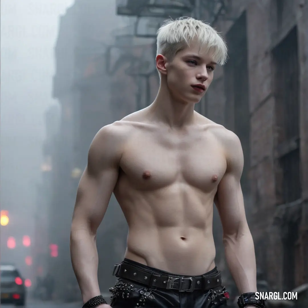 An intriguing man with a shaved head stands nonchalantly in the street, clad only in a stylish pair of pants, his hands casually resting in his pockets. His bold stance reflects an attitude of cool confidence against a backdrop of urban life.