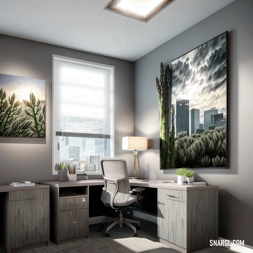 Room with a desk and a chair and a painting on the wall above it and a lamp on the desk. Color RGB 212,207,204.