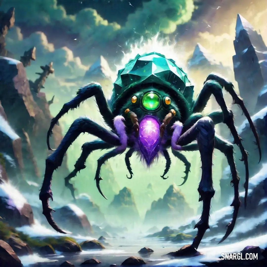 A mysterious spider delicately holds a green orb in its mouth, set against the grandeur of towering mountains, blending the intrigue of nature with breathtaking scenery.