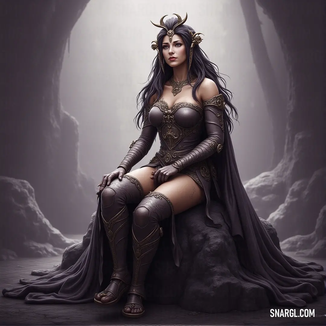 A captivating woman dressed in an elaborate costume stands majestically upon a rough rock inside a mystical cave, adorned with a striking demon-like headpiece featuring formidable horns that evoke an air of intrigue and power.