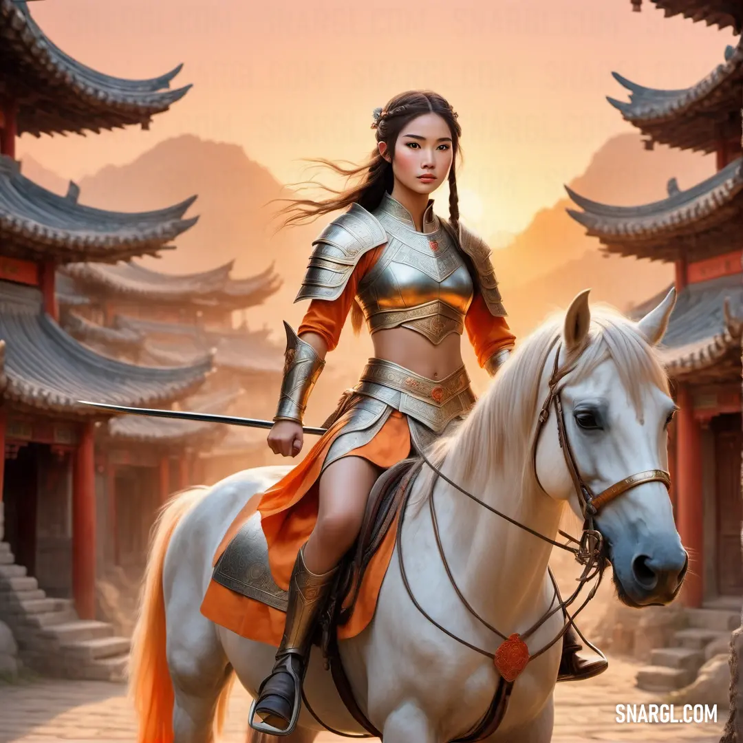 Woman in a costume riding a horse in a courtyard with pagodas in the background. Color RGB 212,207,204.
