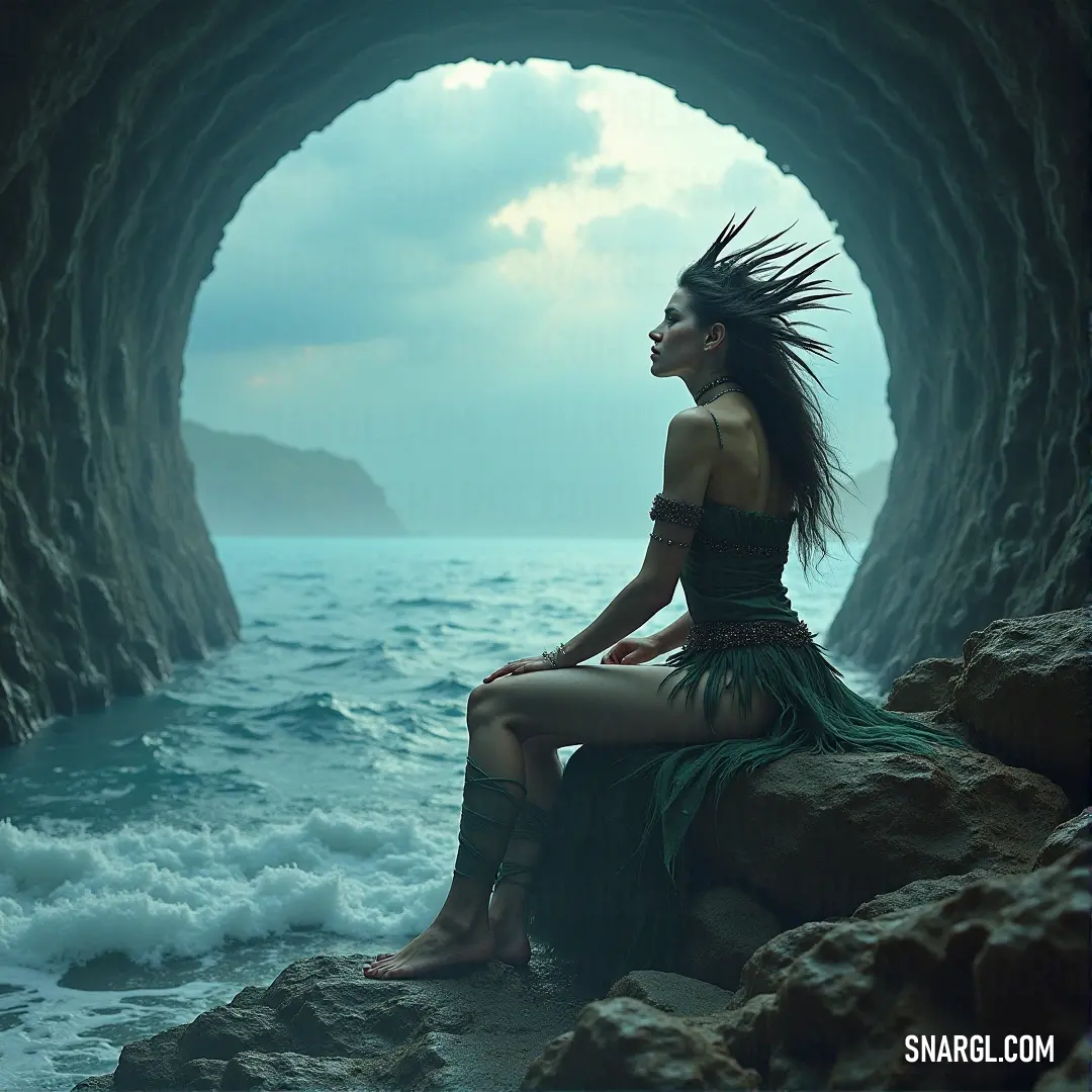 A graceful woman stands atop a rock near the ocean, her long hair dancing in the breeze as she gazes at the horizon, symbolizing dreams and journeys yet to come.