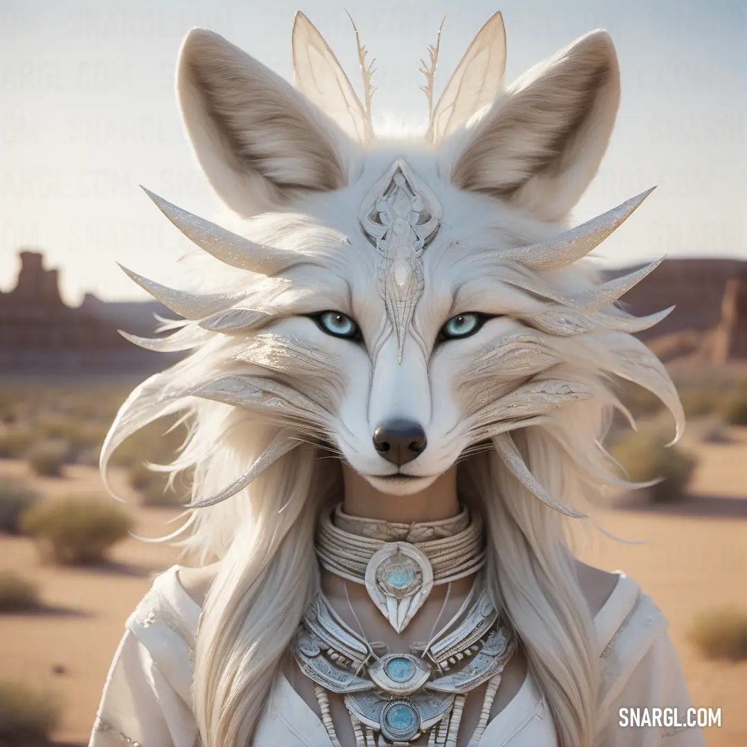 NCS S 1502-R color. Woman with a wolf's head and a white fur coat on her head and a desert landscape in the background