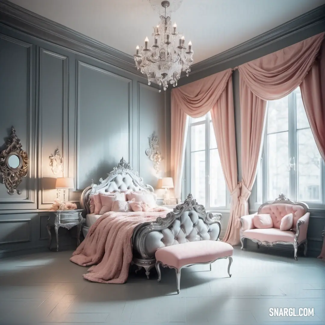 Bedroom with a chandelier, a bed and a chair in it with a pink blanket. Example of CMYK 4,4,0,18 color.