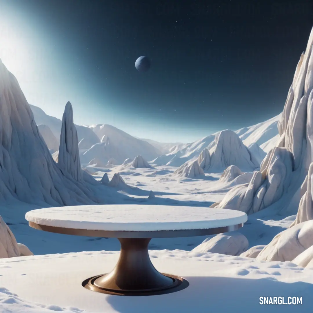 Table in the middle of a snowy landscape with a planet in the background. Example of RGB 209,209,214 color.