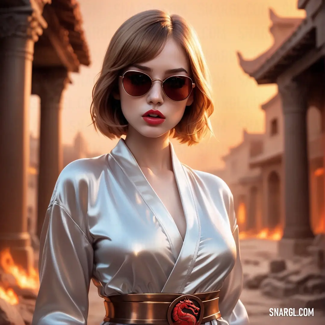 Woman in a silver dress and sunglasses with a dragon belt around her waist and a red lip on her lips. Example of RGB 209,209,214 color.