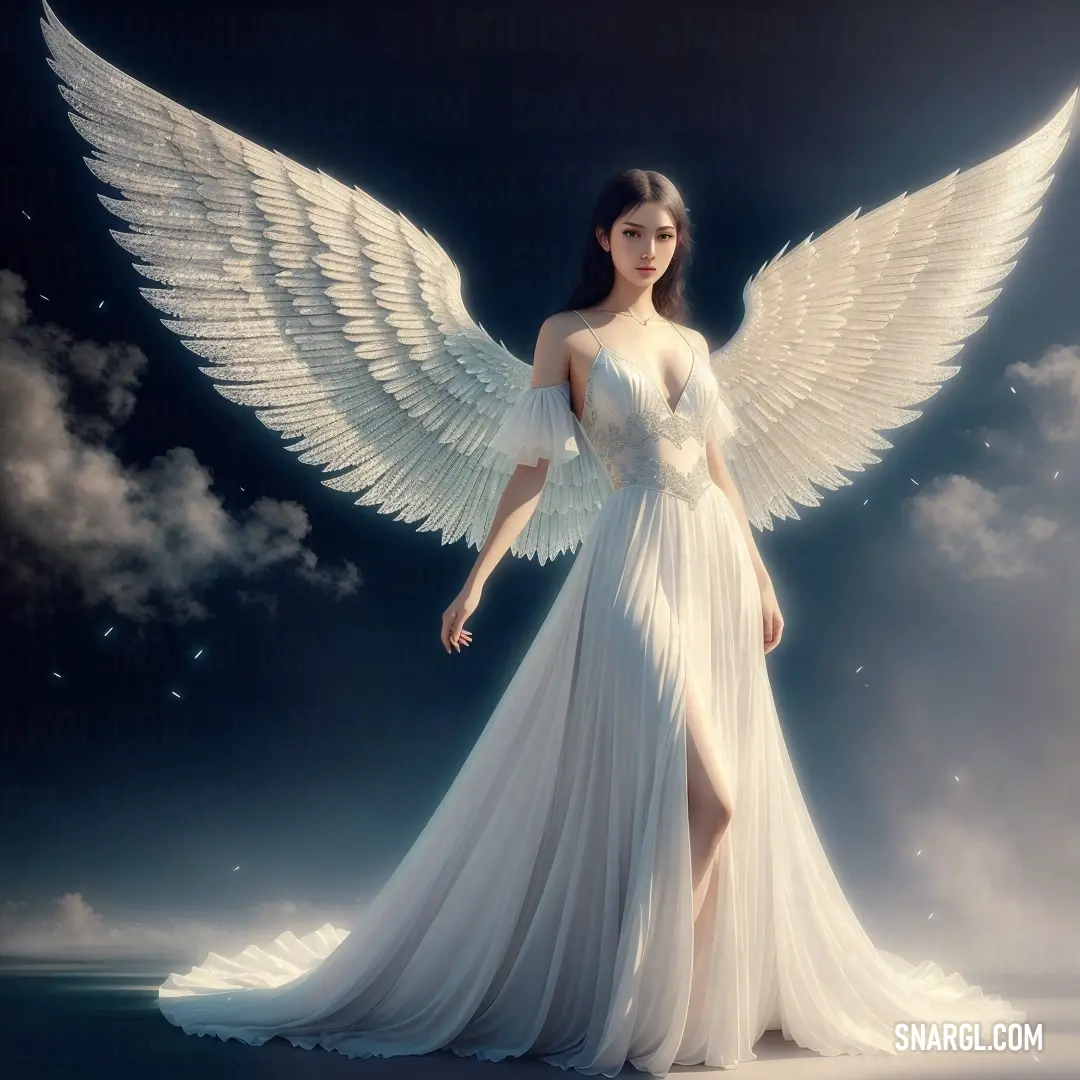 Woman in a white dress with wings on her body and a sky background. Example of NCS S 1502-Y color.