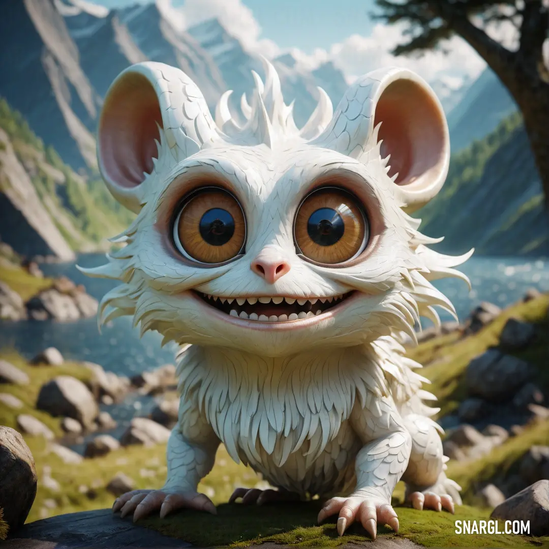 White creature with big eyes on a rock in the mountains with a lake in the background. Color RGB 218,212,202.