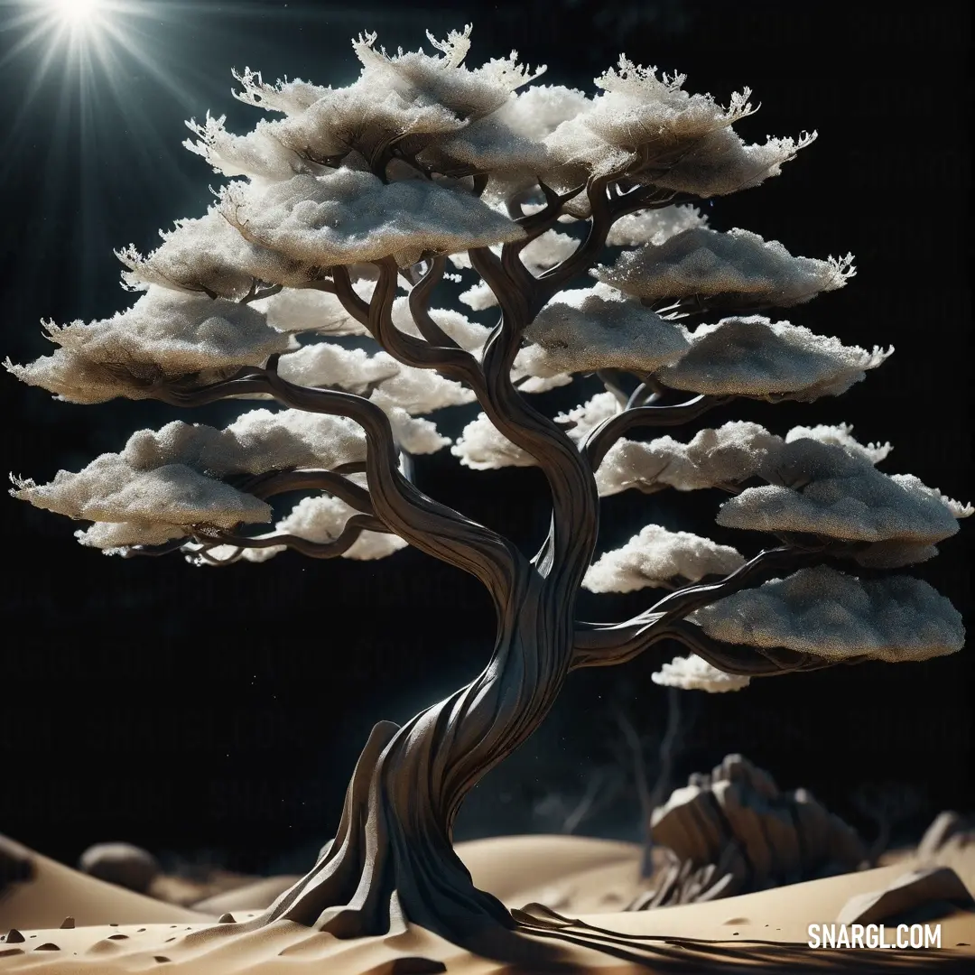 Tree with snow on it in the middle of a desert area with a bright sun shining through the clouds. Example of NCS S 1502-Y50R color.
