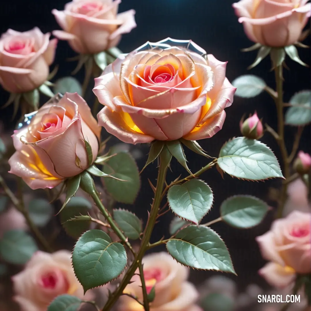 Bunch of pink roses with green leaves on them and water droplets on them, with a black background. Color NCS S 1505-Y.