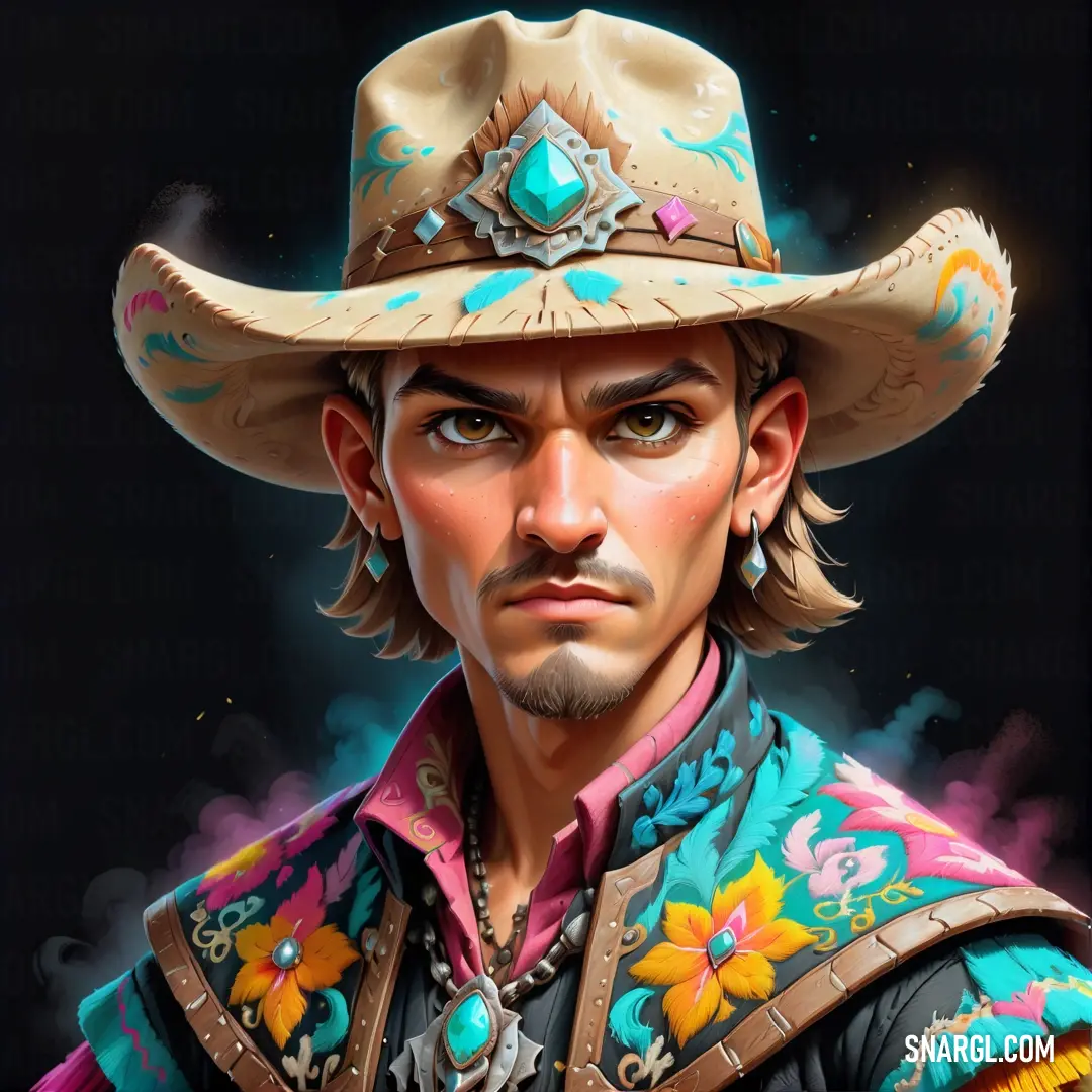 Man in a cowboy hat with a colorful outfit on his chest and a black background. Color RGB 229,223,196.