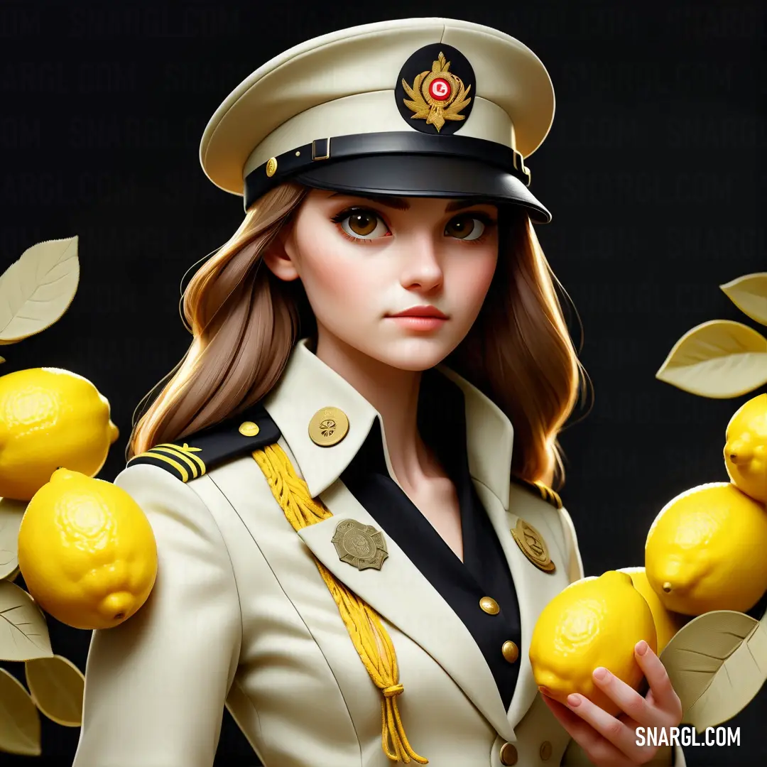 Woman in a uniform holding lemons in her hands and a black background. Example of CMYK 0,5,25,12 color.