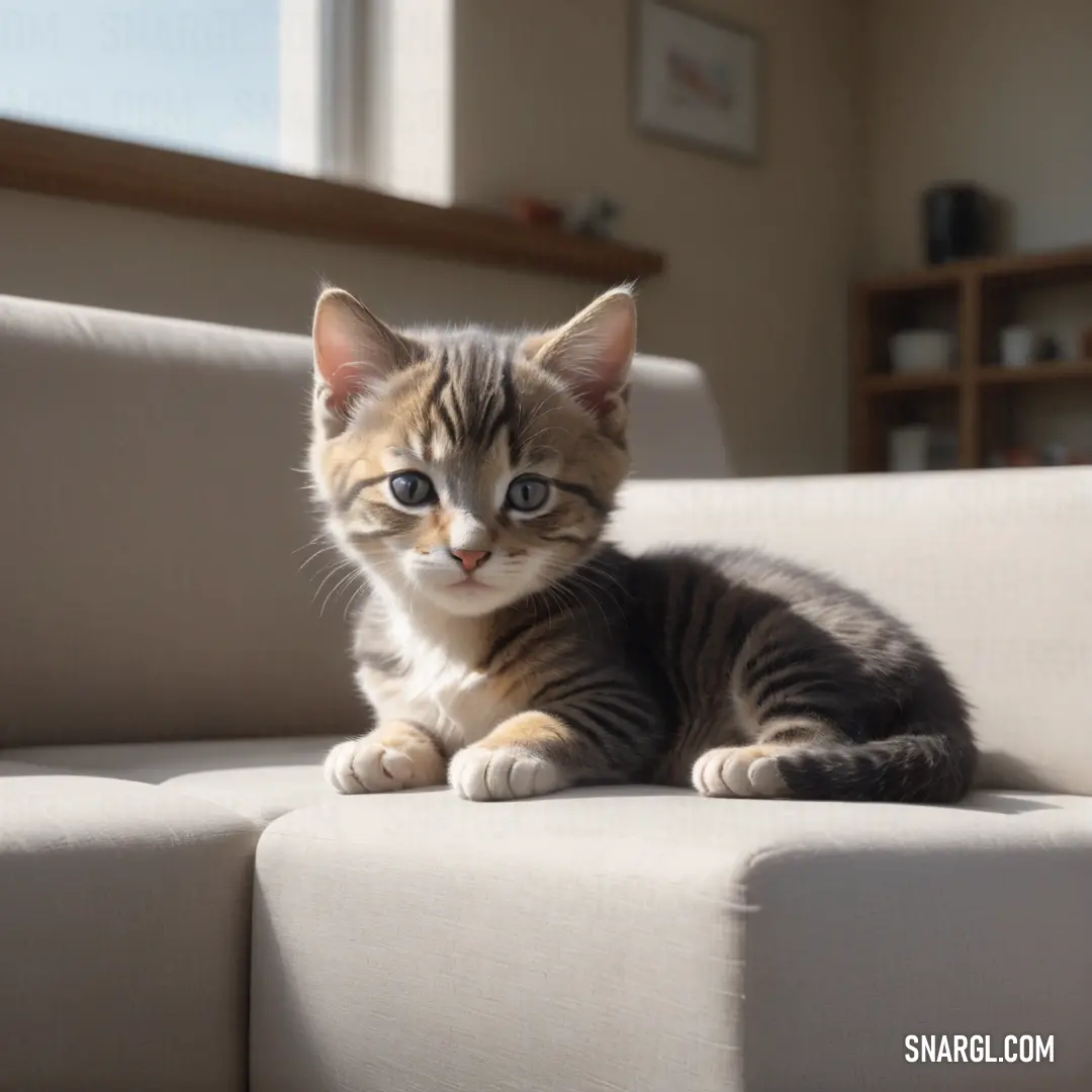 Kitten on a couch looking at the camera with a curious look on its face and eyes. Example of CMYK 0,5,20,10 color.