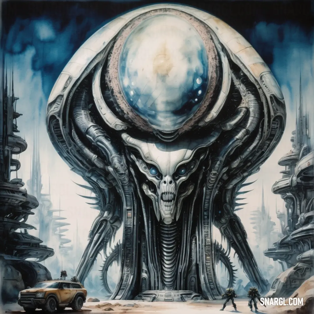 Painting of a giant alien with a car in front of it and a man standing in front of it. Color NCS S 1505-Y30R.
