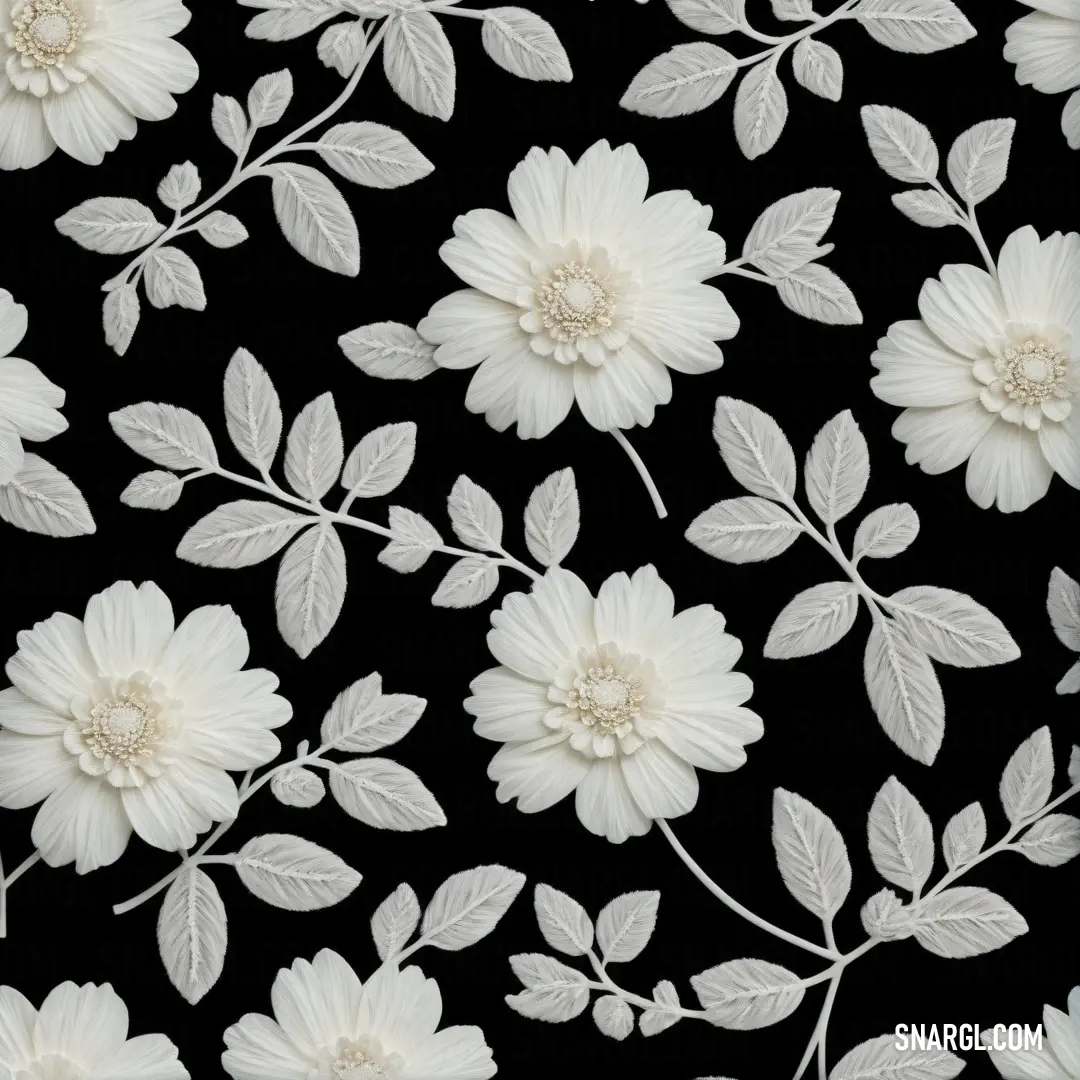 Black and white flower pattern with leaves and flowers on it's side, with a black background. Color NCS S 1505-Y40R.