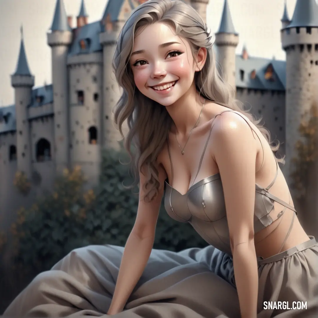 Woman in a bra top on a bed in front of a castle with turrets and a castle like building. Color CMYK 0,6,20,11.