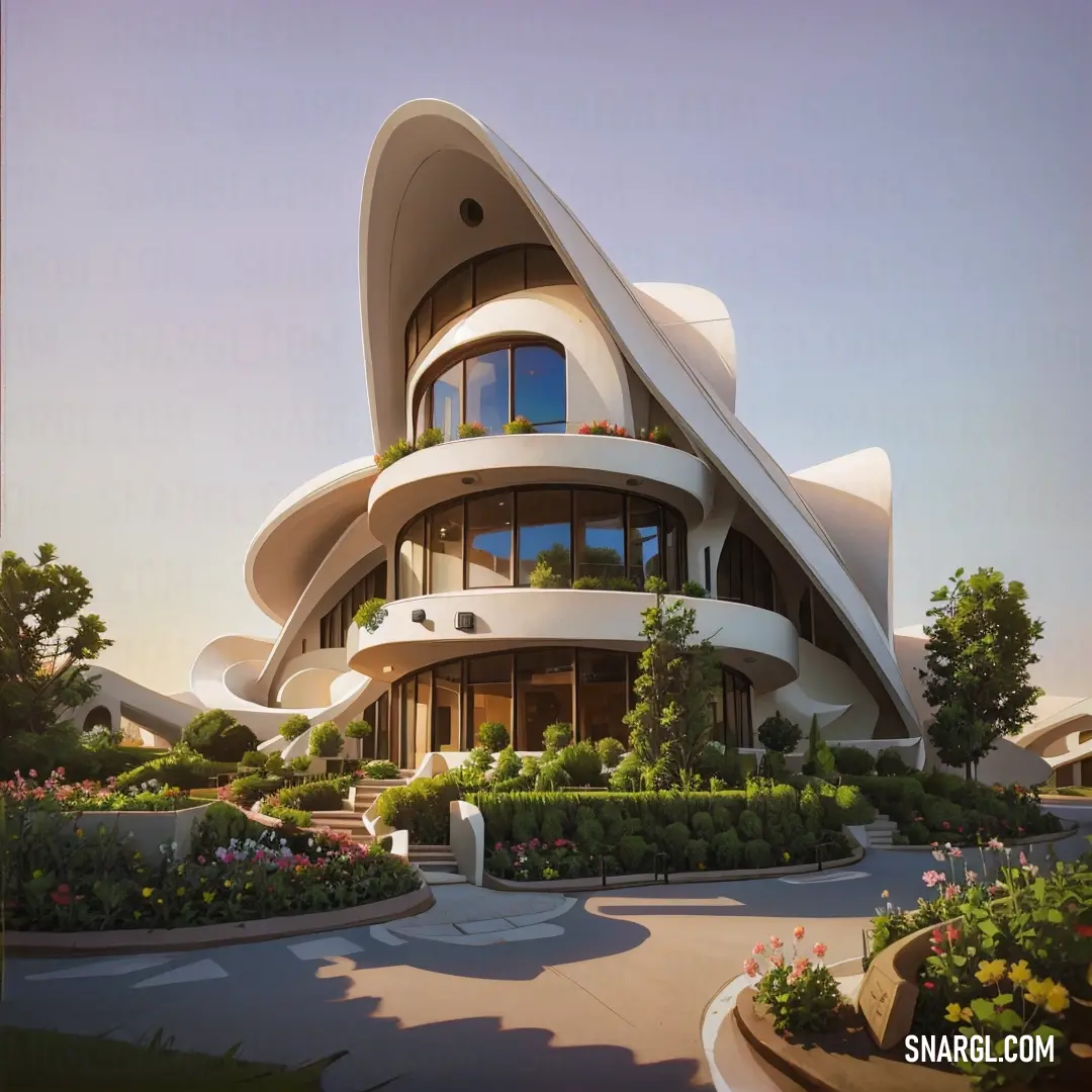 Futuristic building with a circular entrance and a lot of windows on the side of it. Color NCS S 1505-Y50R.