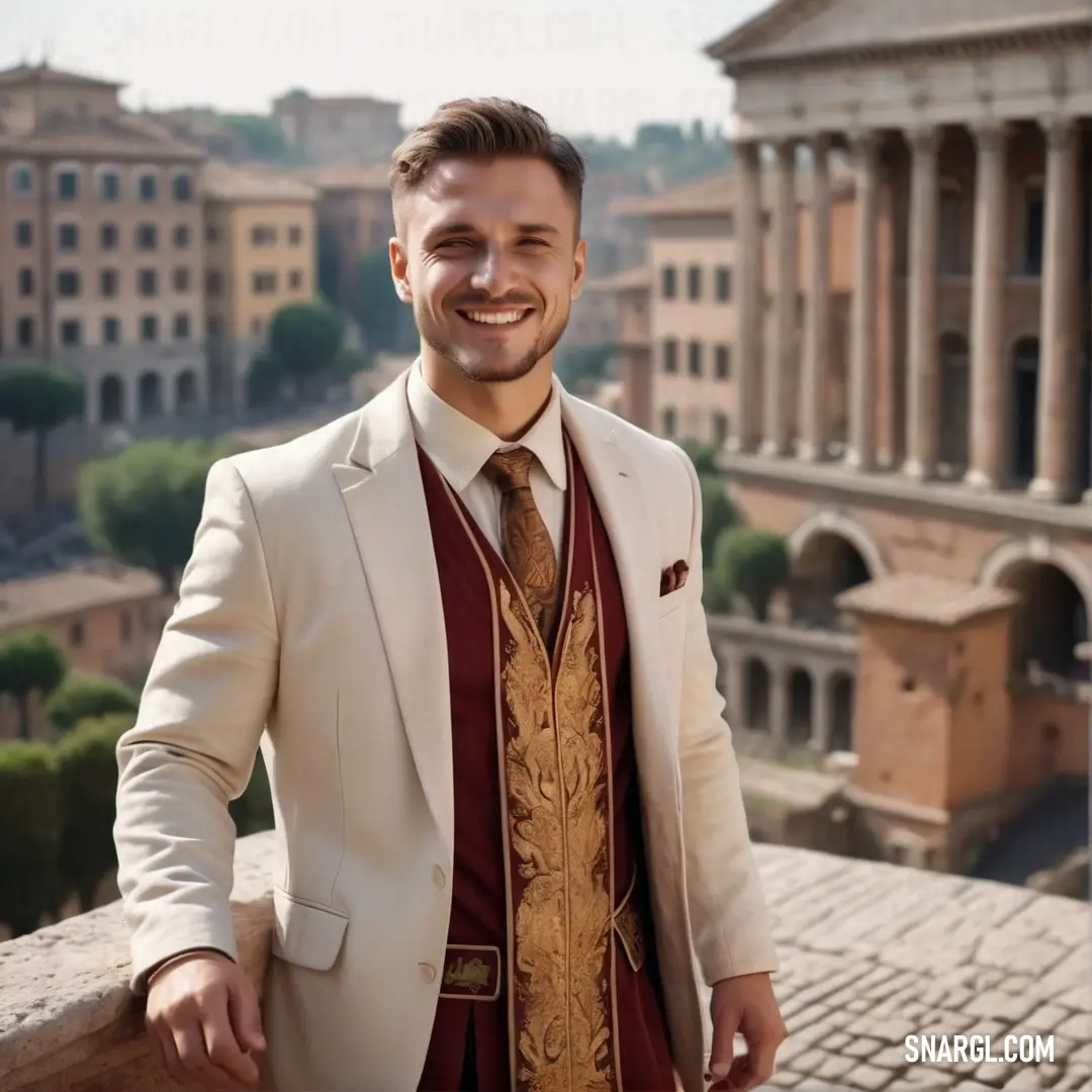 Man in a suit and tie standing on a balcony with a view of a city and a building. Color RGB 233,219,203.