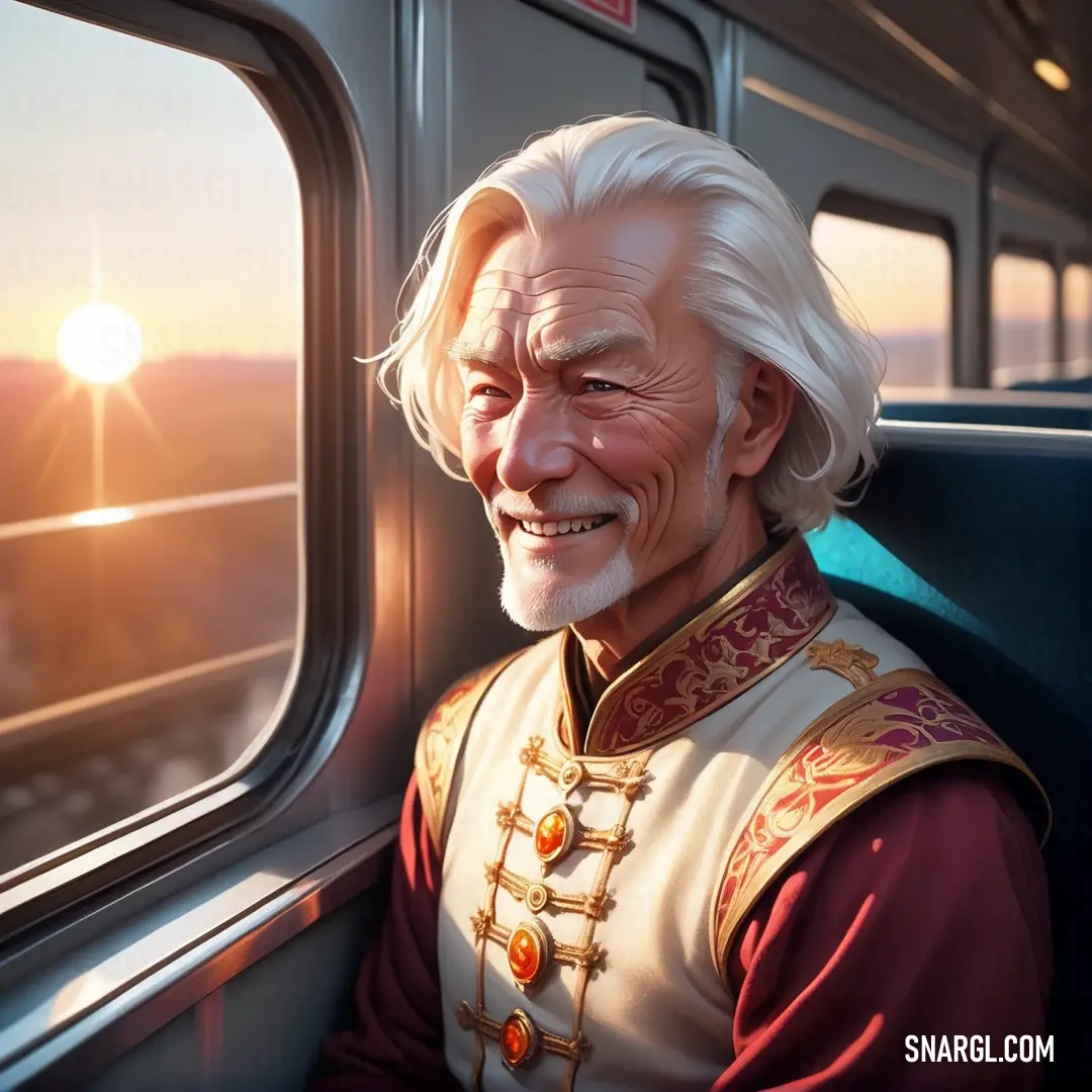 Man in a train car with a smile on his face and a train window behind him. Example of #E8D8C9 color.
