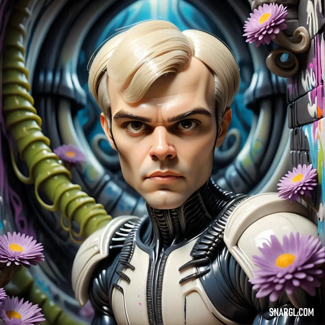 Man with a futuristic suit and flowers in front of him is looking at the camera with a strange look on his face