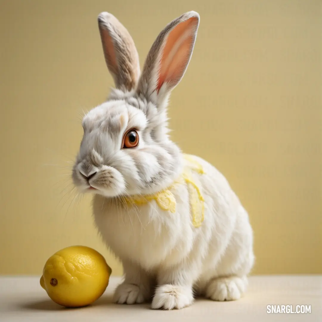White rabbit with a yellow collar next to a lemon on a table. Example of #E8D8C9 color.