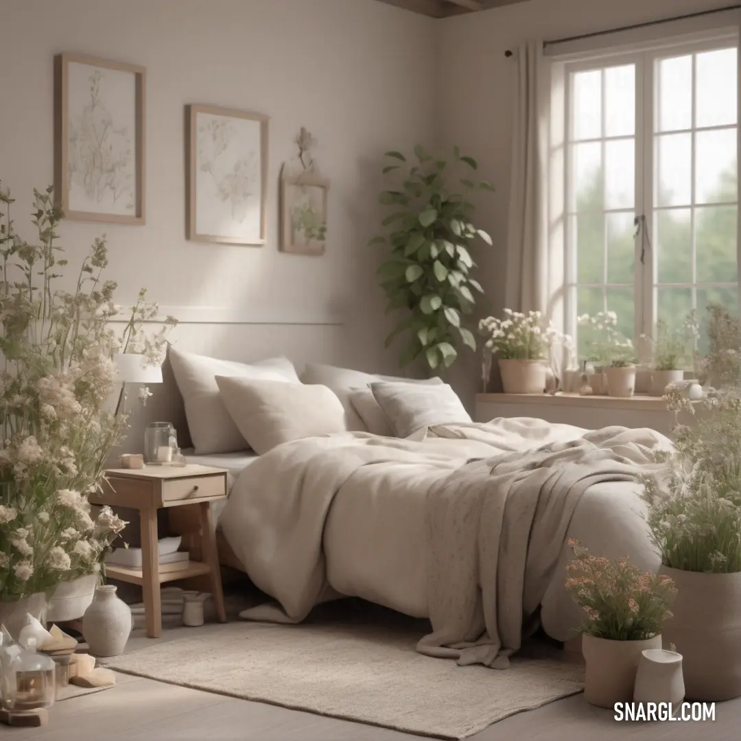 Bedroom with a bed, a table and potted plants in it and a window with a view. Color CMYK 0,7,10,15.
