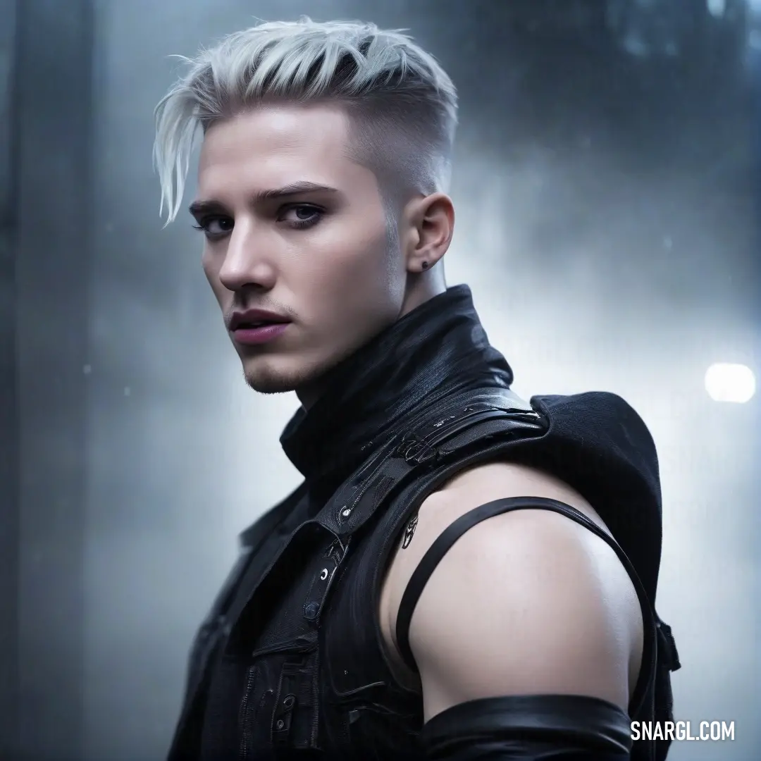 A stylish man sporting a daring punk haircut and a leather vest radiates a bold personality. The striking NCS S 1505-Y80R color emphasizes his unique fashion sense and individuality, making a statement that stands out in any crowd.