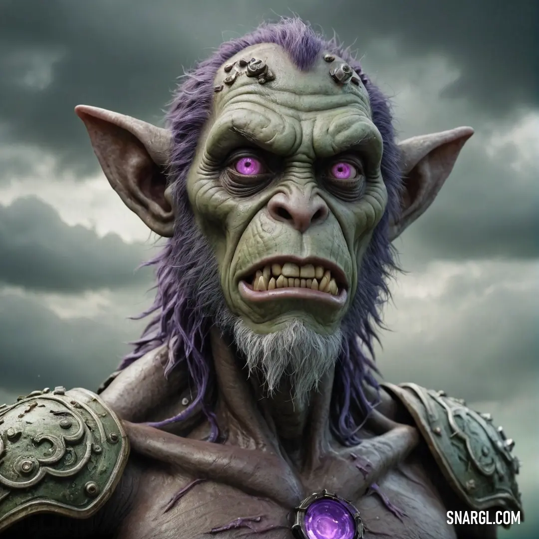 Close-up depiction of a striking demon, showcasing its mesmerizing purple eyes and a unique purple ring on its chest that emanates an eerie glow. This character draws attention to its otherworldly charm, emphasizing the depth of its eyes and the elaborate