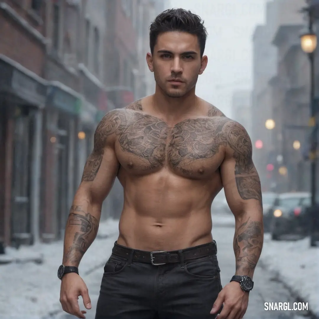 A man with an intricate tattoo on his chest stands proudly in a snowy urban landscape, surrounded by towering buildings. The overall scene resonates with the deep hues of NCS S 1505-Y80R, reflecting both strength and resilience in the winter chill.