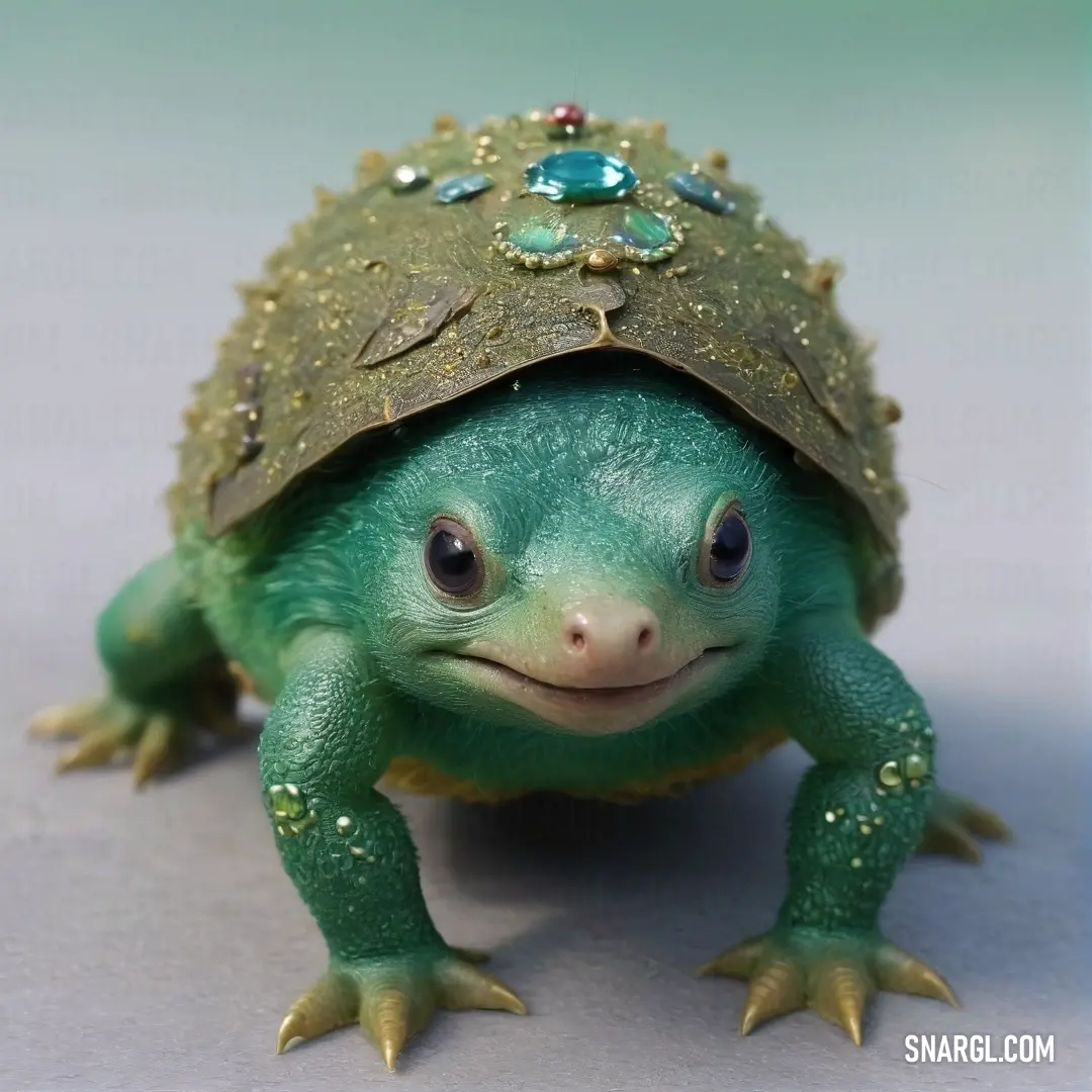 A small, endearing green turtle wears a magnificent gold crown, its curious eyes sparkling with life. The soft hues add to its charm, creating an image of innocence and regality all at once.