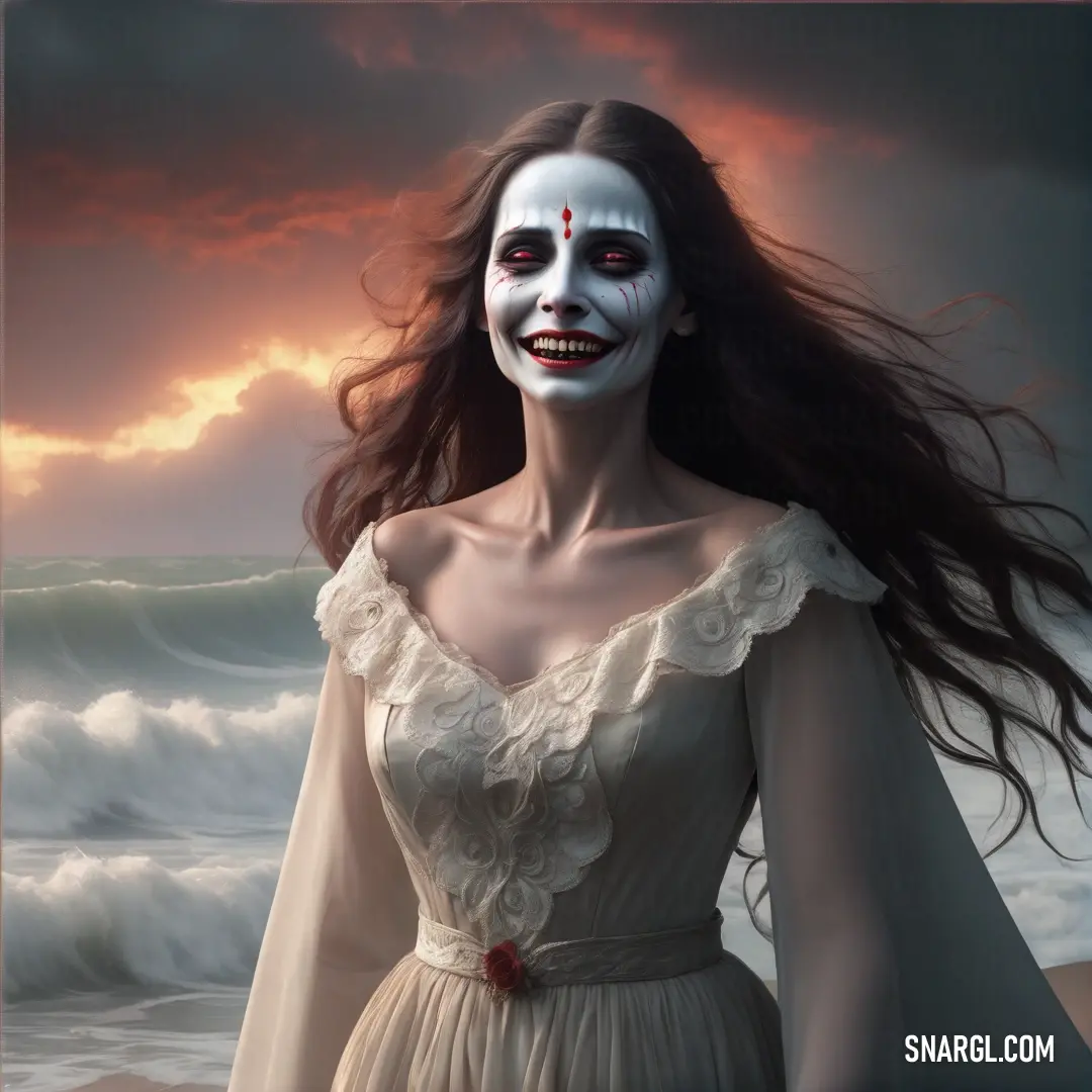 NCS S 1505-Y80R color example: Woman with makeup and a white face is standing in front of a body of water with waves and a sunset