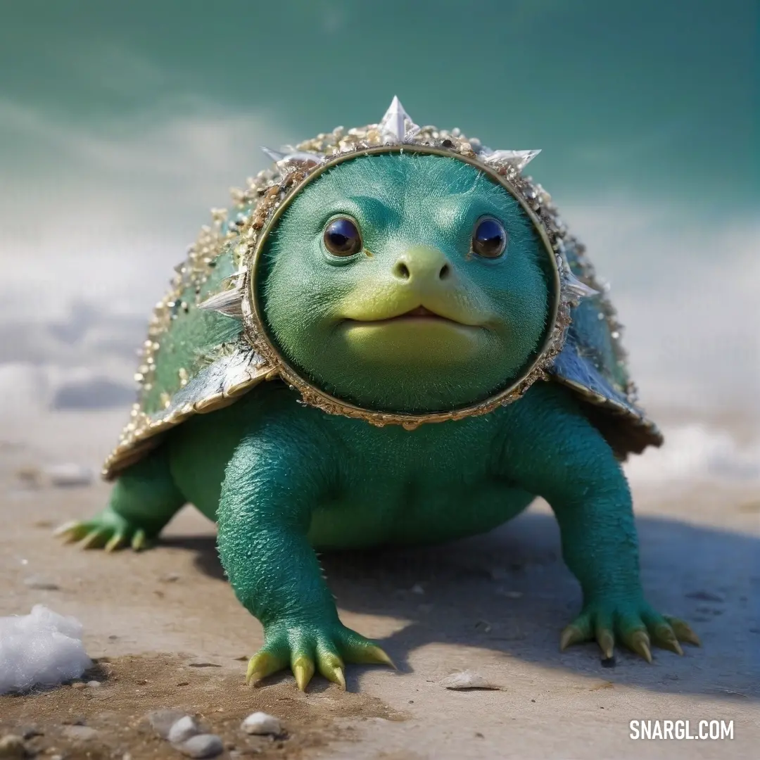 A small turtle with a sparkling tiara enjoys a serene moment on a beach, surrounded by a magical snowy scene. Its joyous expression captures the essence of tranquility and wonder amid nature's beauty.