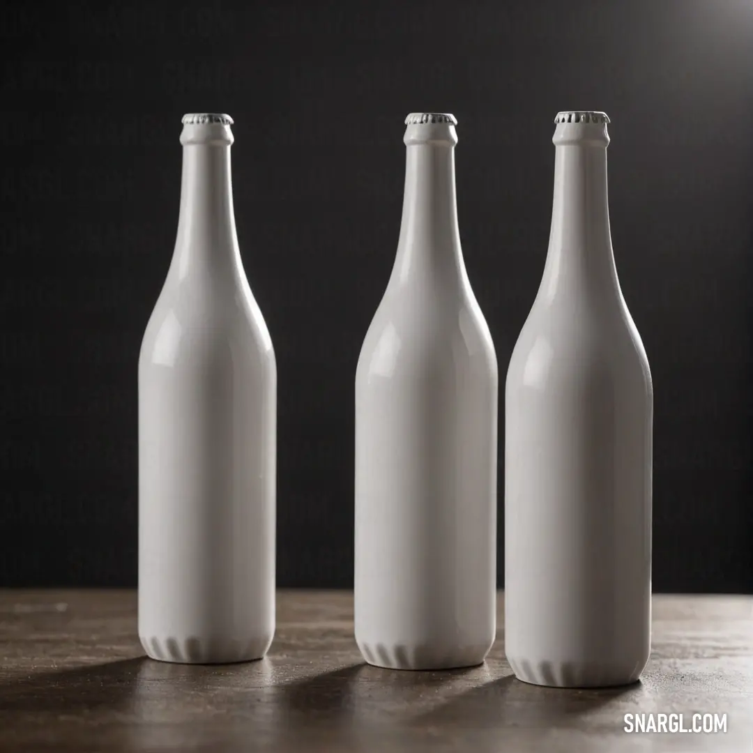 A trio of pristine white bottles gracefully arranged on a table, with an interplay of light casting ethereal reflections. One bottle stands empty while the other shimmers under a soft beam, creating an elegant vignette of simplicity and sophistication.