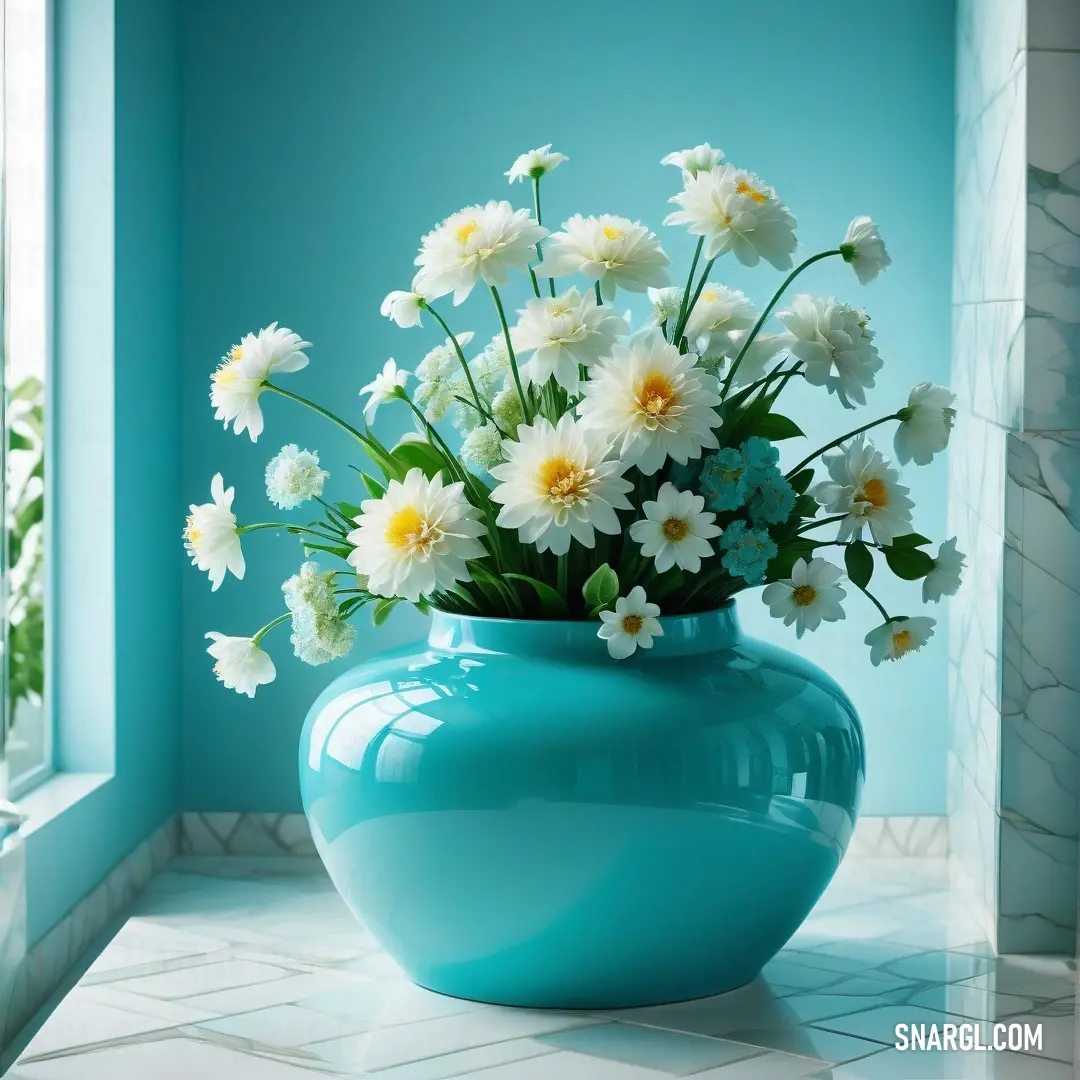 NCS S 1510-B20G color. Blue vase with white flowers in it on a table next to a window with a blue wall behind it