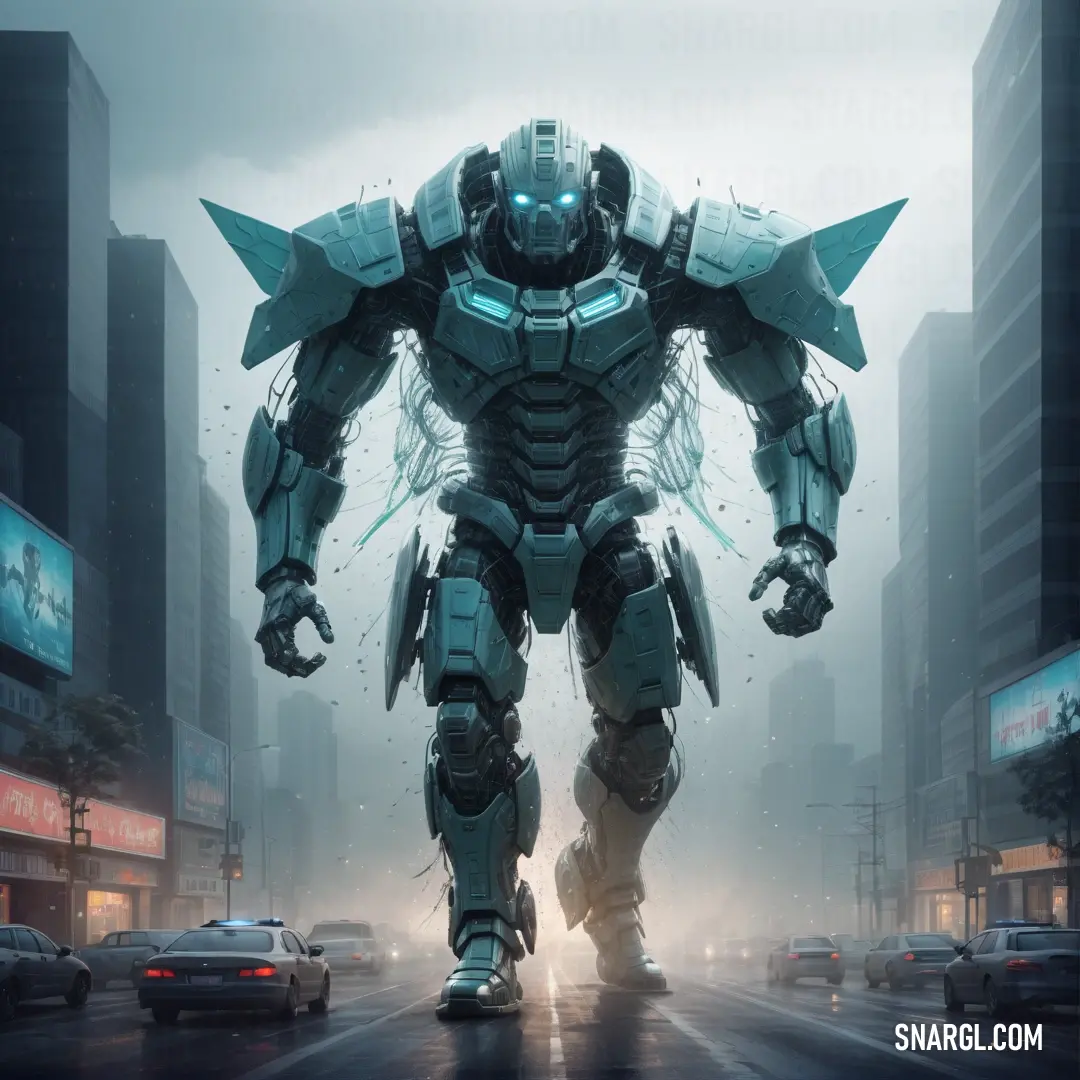 NCS S 1510-B50G color example: Giant robot standing in the middle of a city street with cars driving by it and a man in a suit