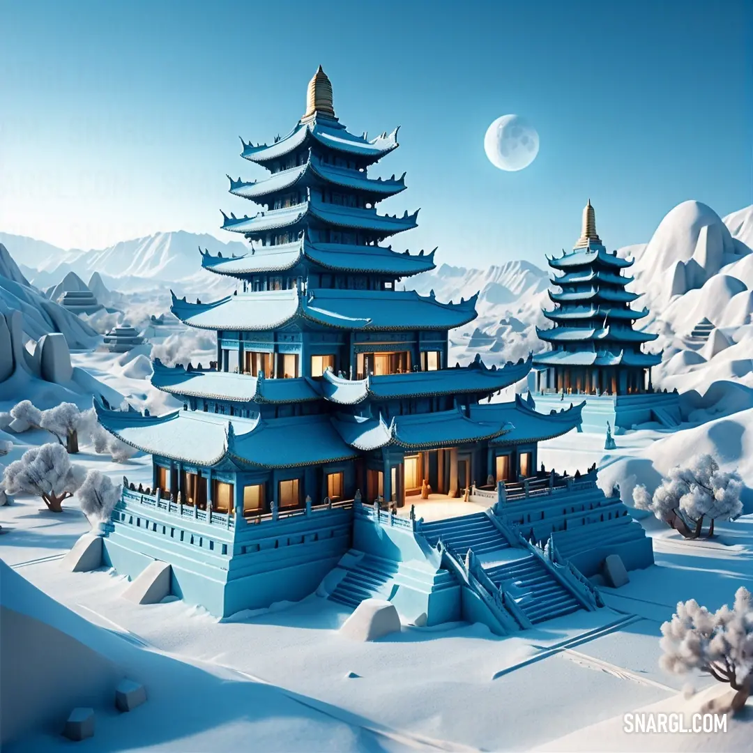 3d rendering of a chinese temple in the snow with a full moon in the background. Color RGB 190,221,215.