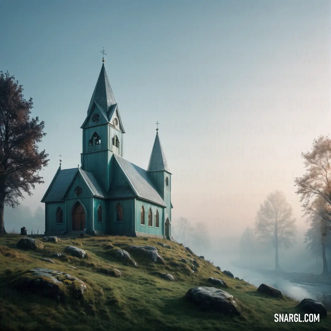 Church on a hill with fog in the air and trees in the background. Color #BEDDD7.
