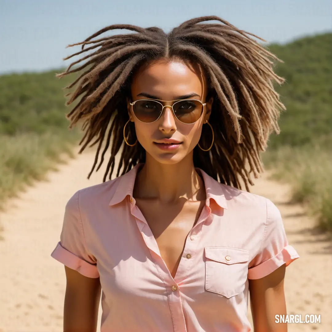 Woman with dreadlocks walking down a dirt road wearing sunglasses and a pink shirt. Color #E4BDB3.