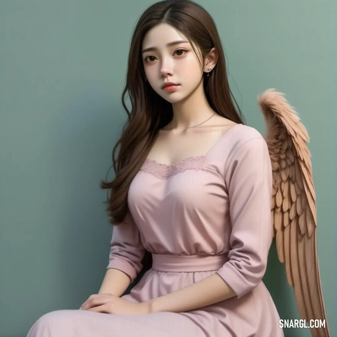 Woman with long hair on a chair with an angel wings on her shoulder and a pink dress. Color CMYK 0,17,10,10.