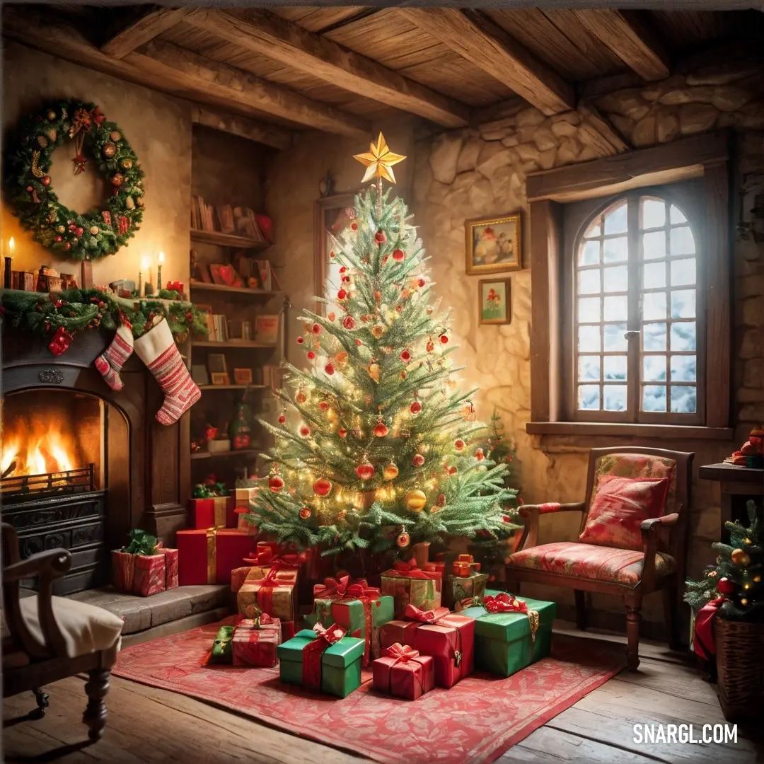 Christmas tree in a room with presents under it and a fireplace in the corner of the room. Color NCS S 1510-Y10R.
