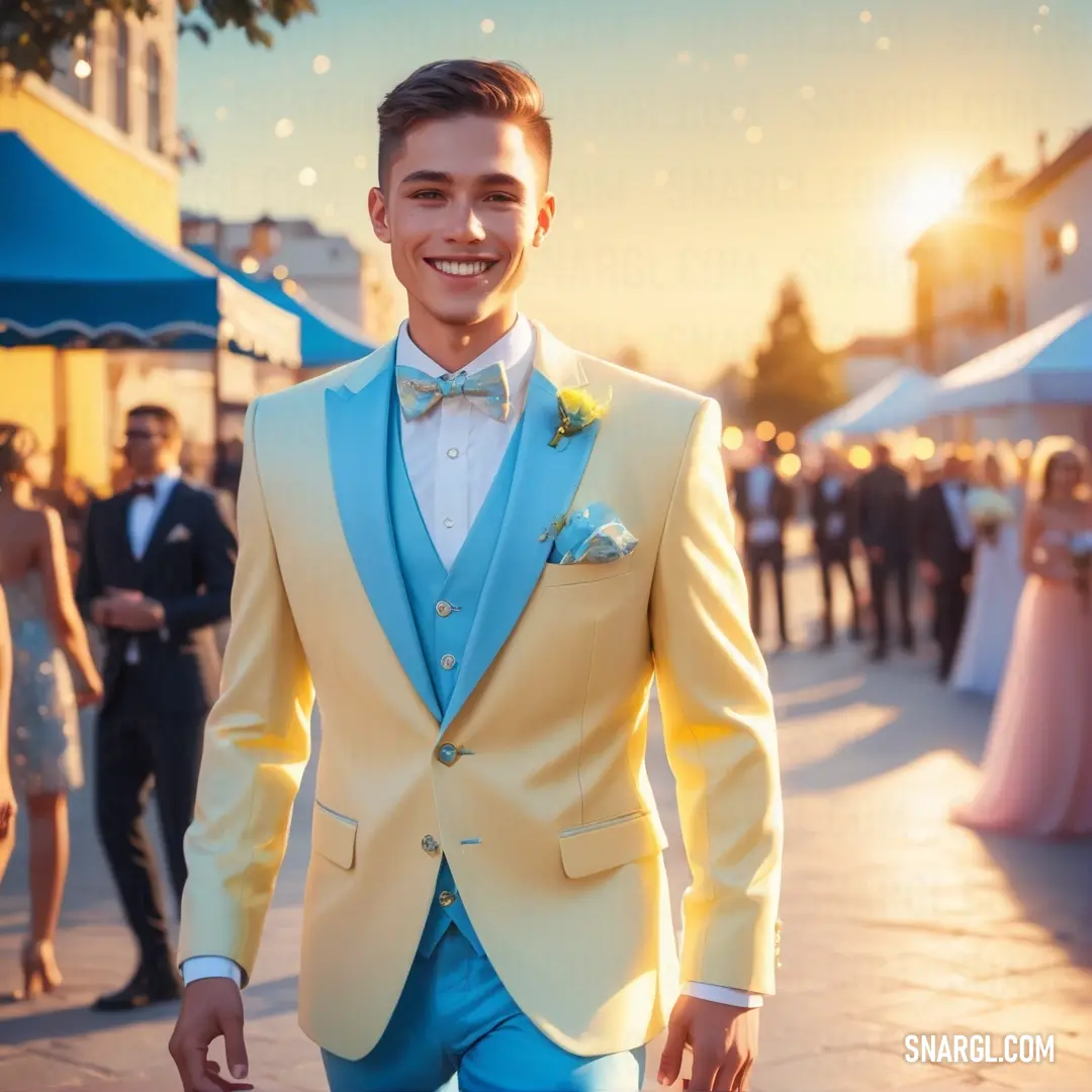 Man in a yellow suit and blue bow tie walking down a street with people in the background. Color NCS S 1510-Y10R.
