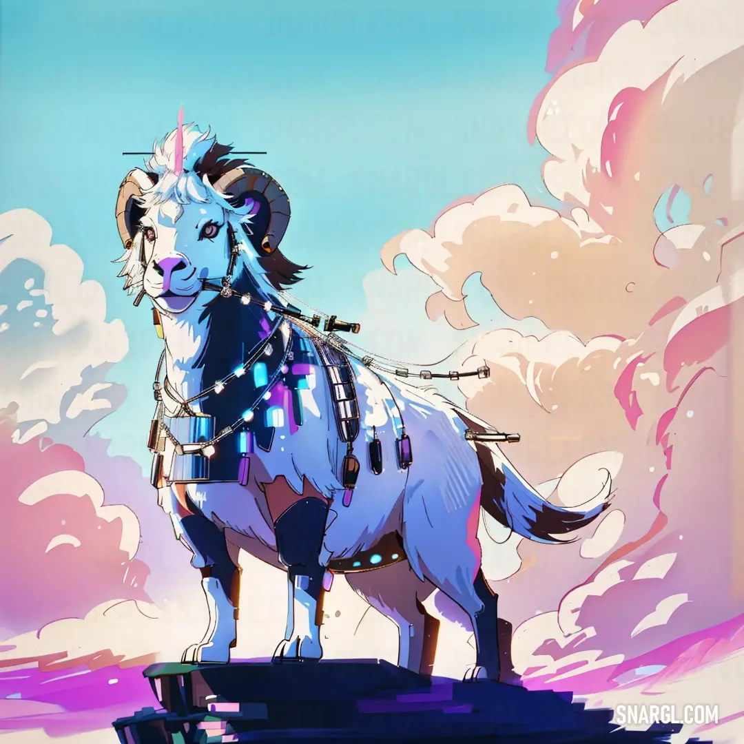 Cartoon of a goat with a harness on standing on a rock in front of a cloudy sky with clouds. Example of RGB 231,212,168 color.