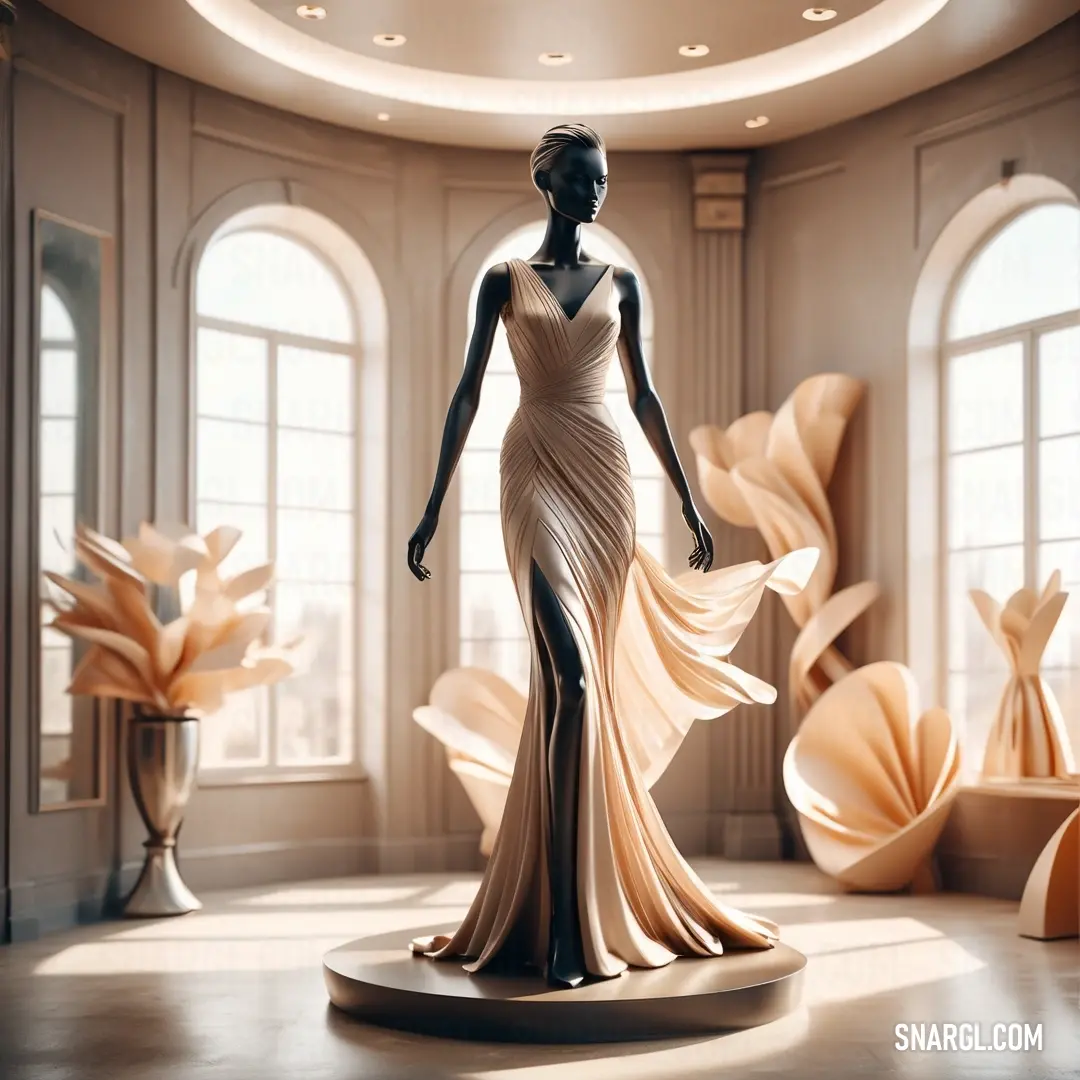 NCS S 1510-Y20R color. Mannequin in a dress in a room with large windows and a sculpture of a woman in a dress