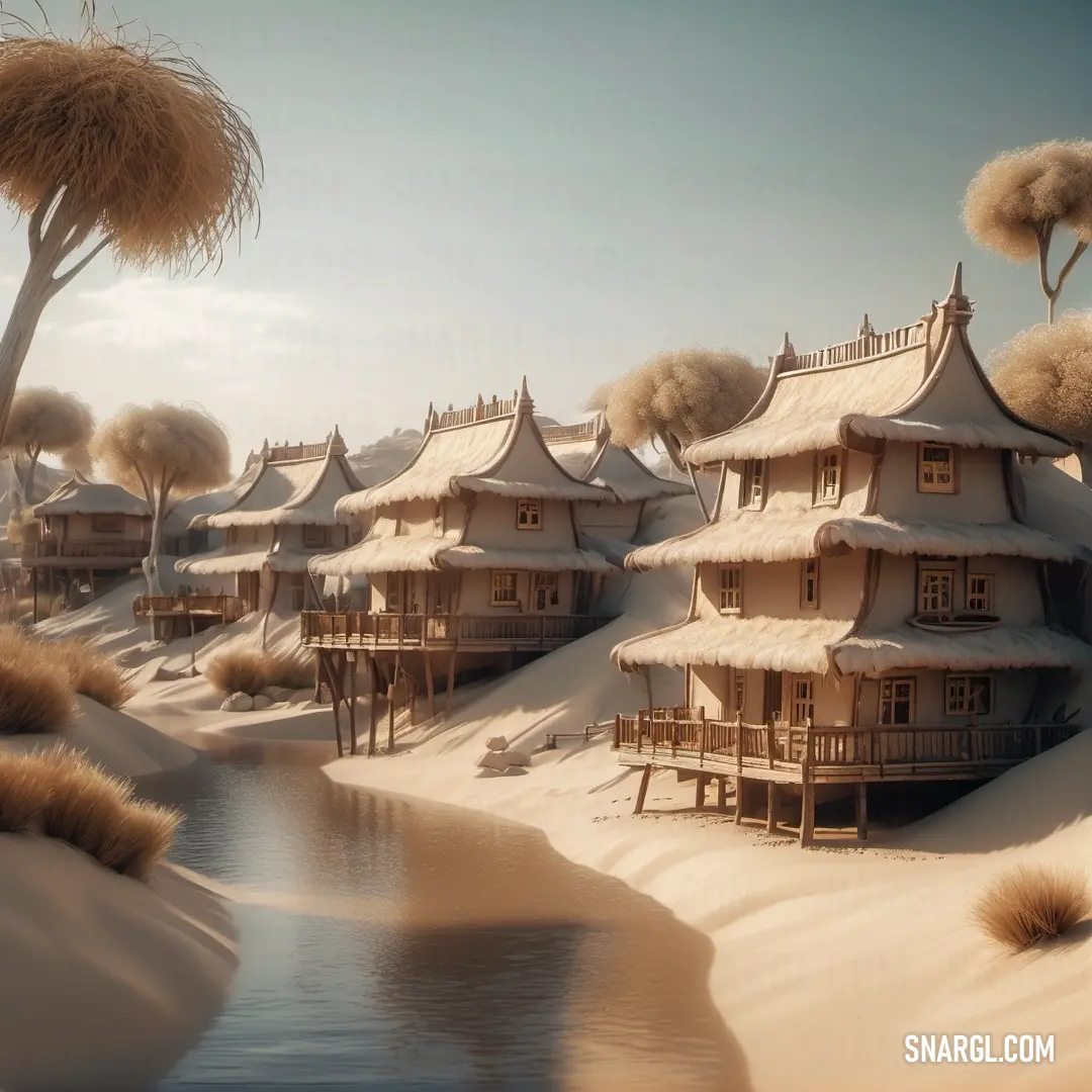 Sand covered village with a pond and trees