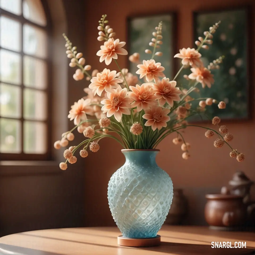 Vase with flowers in it on a table in front of a window. Example of CMYK 0,20,30,10 color.