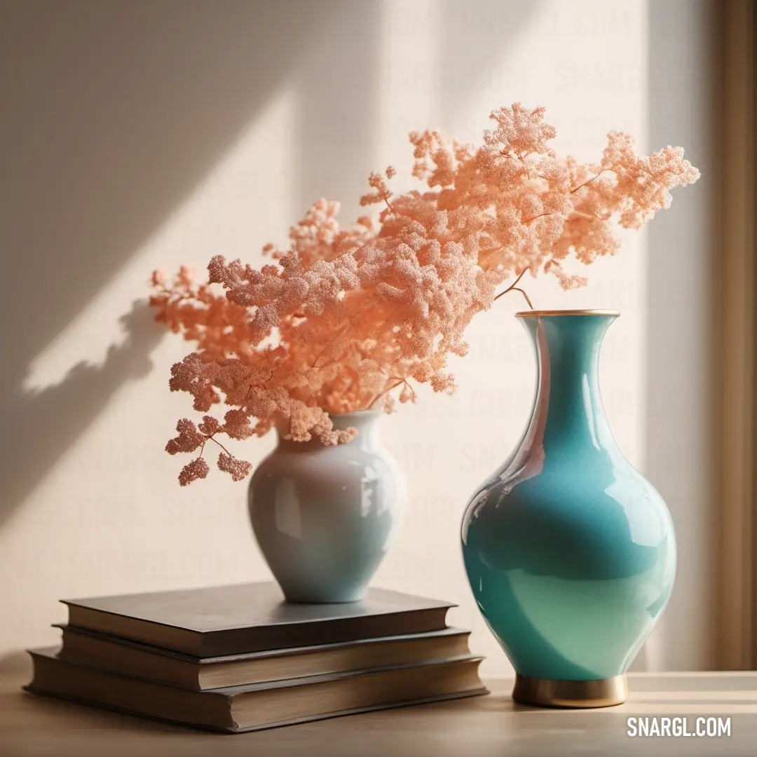 Couple of vases on top of a table next to a book and a window sill. Color RGB 229,197,183.