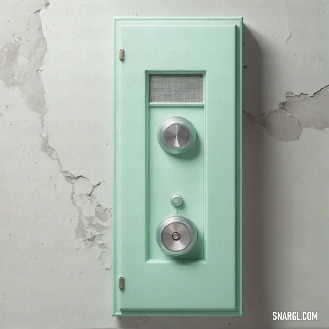 NCS S 1515-G color example: Green door with two knobs on it and a wall mounted speaker on the side of it with a hole in the wall